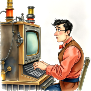 A cartoon Edwardian steampunk programmer sits at his desk looking confused and worried.